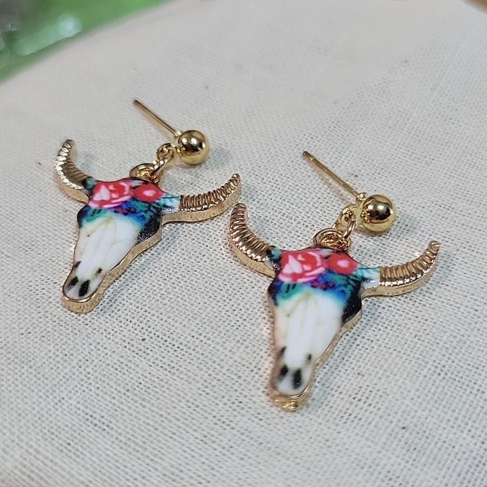 Floral Longhorn Drop Earrings - Picture 5 of 6